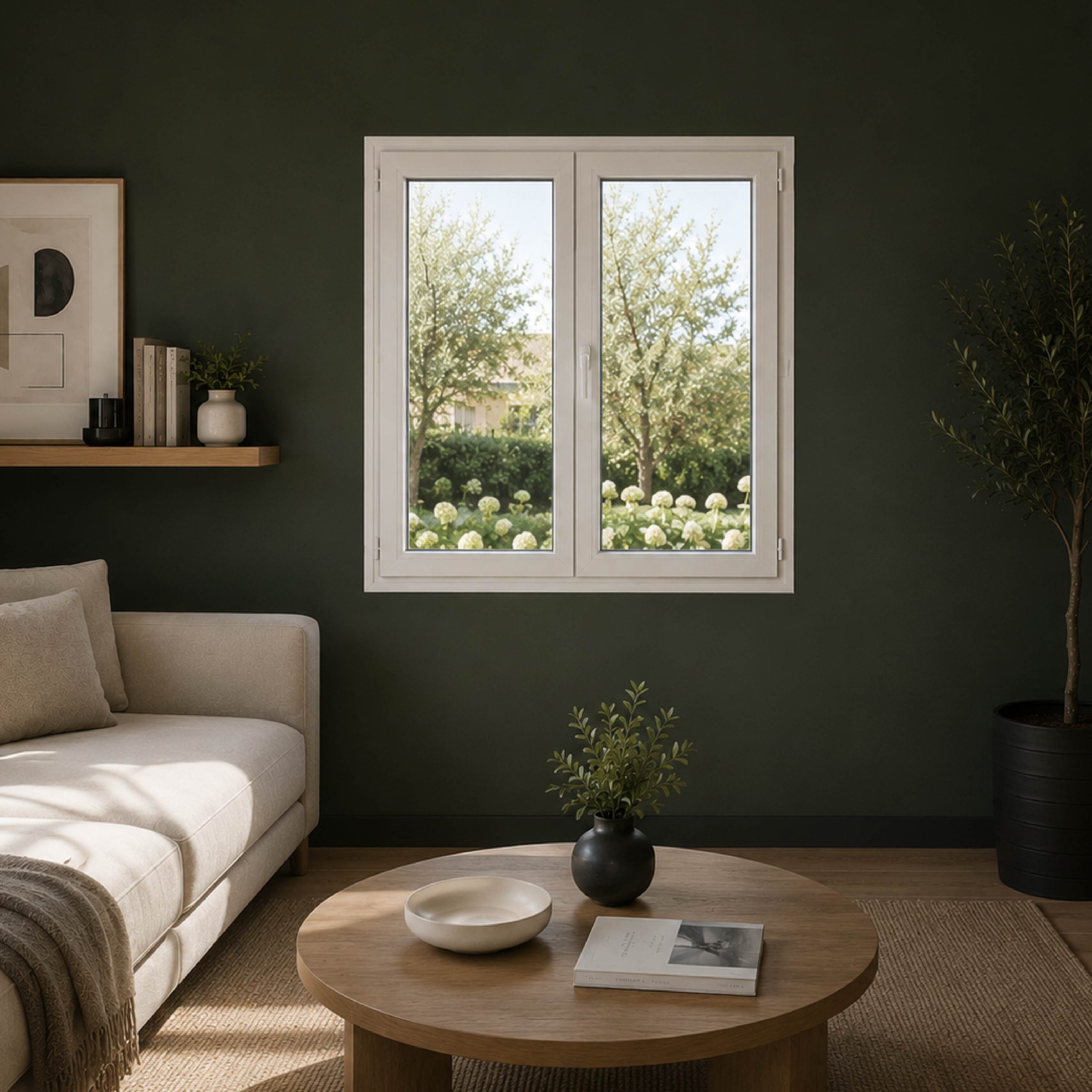 Salon contemporain avec une fenêtre blanche de la gamme ECO70