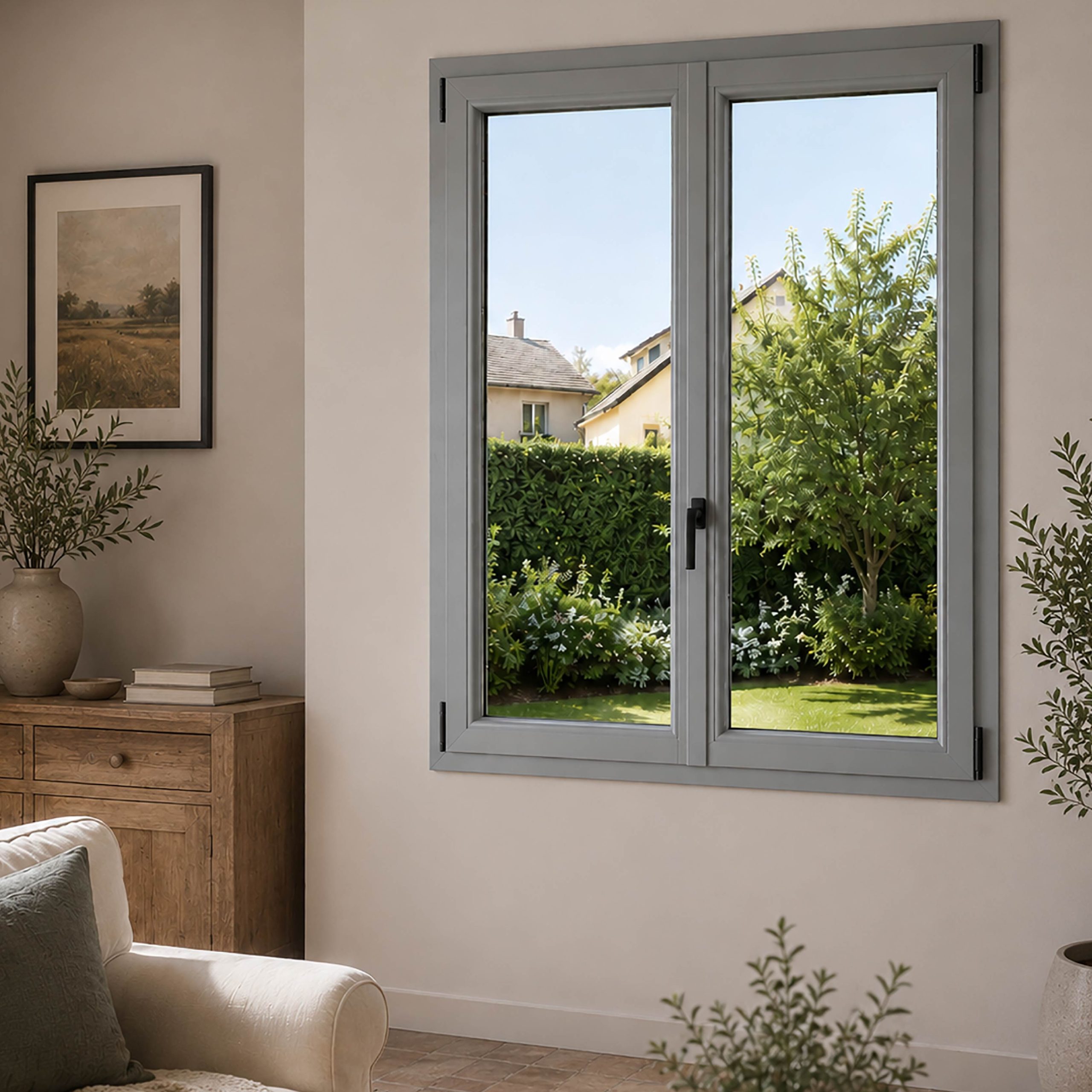 Fenêtre ambiance gamme INO80 couleur grise avec vue sur un jardin avec des maisons